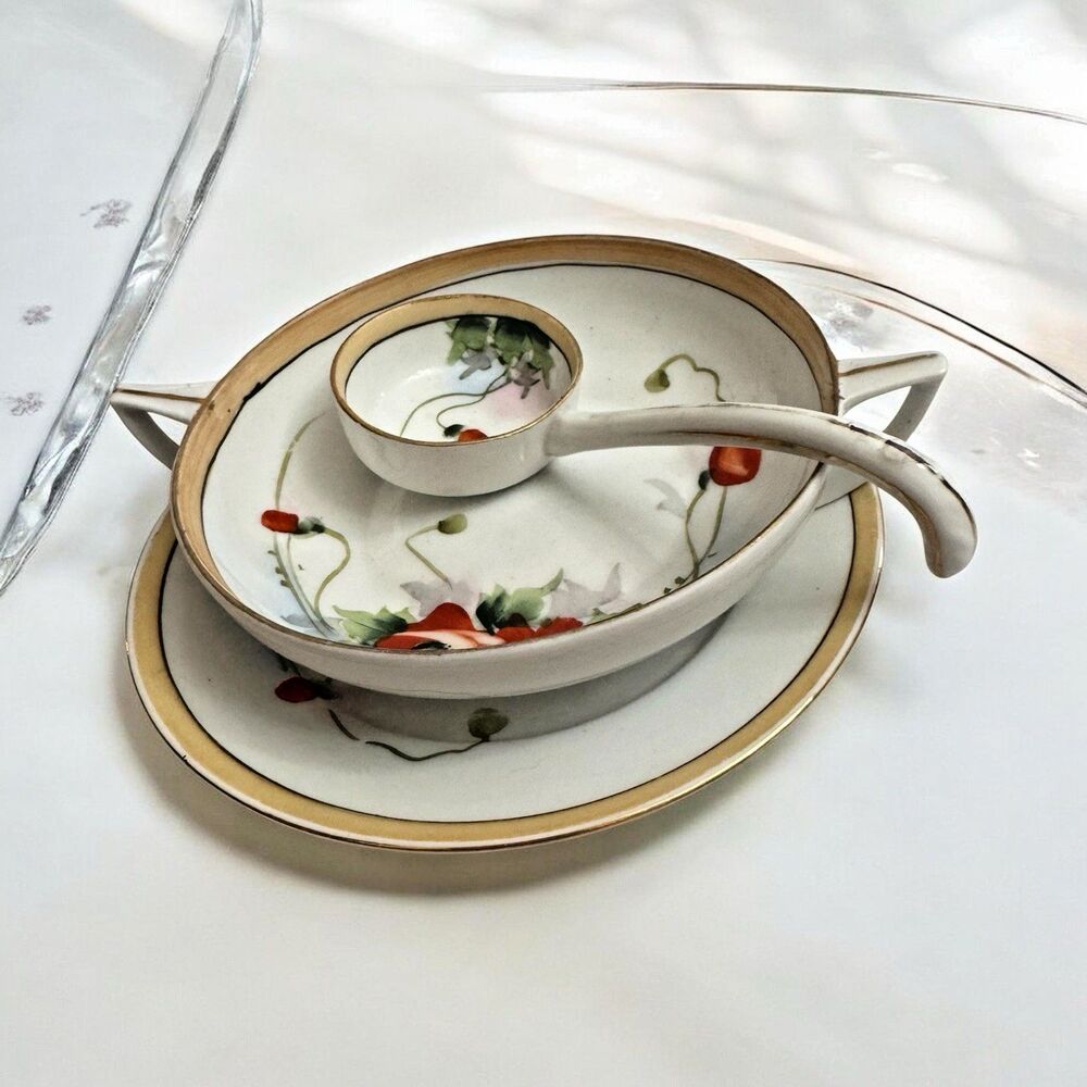 Vintage Meito China Japan Hand Painted Bowl Underplate Spoon Set Floral Gold